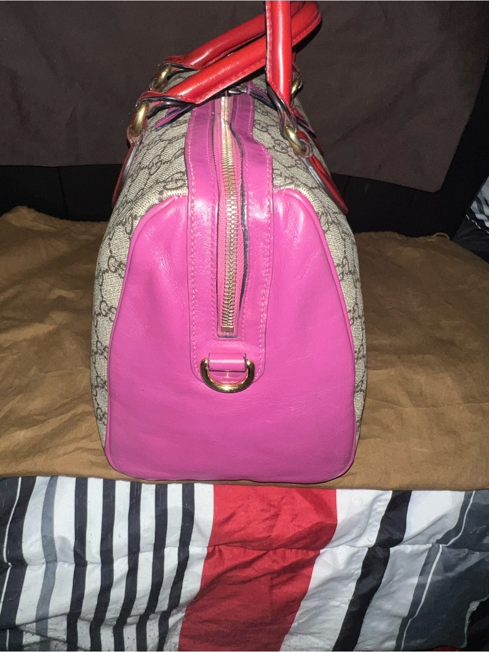 Gucci Beige GG Canvas Satchel with Pink Trim and Red 35 with strap - Picture 2 of 15